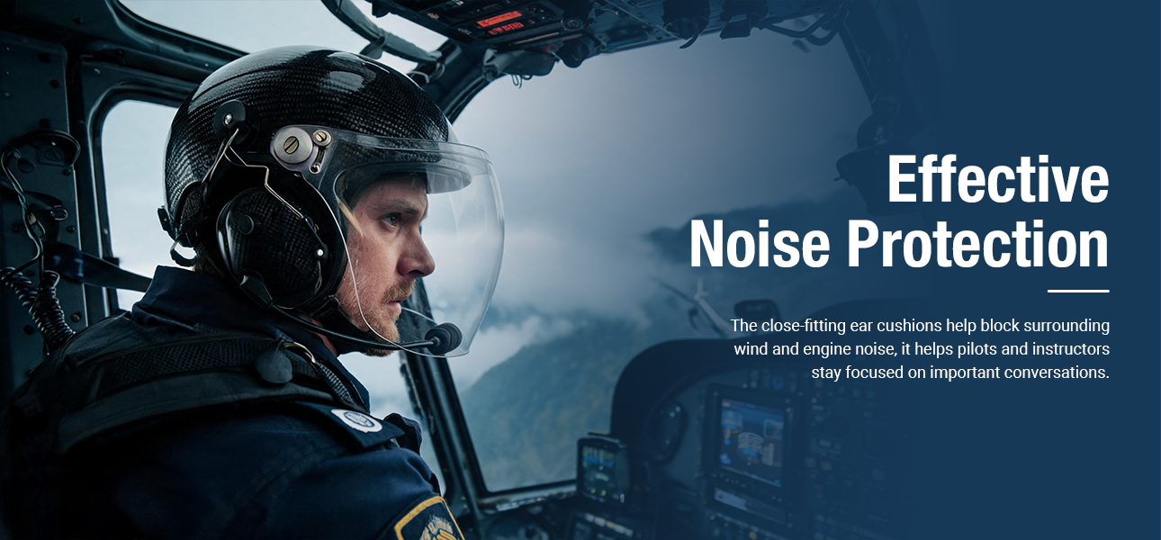 Helicopter pilot wearing an intercom helmet during a search and rescue mission