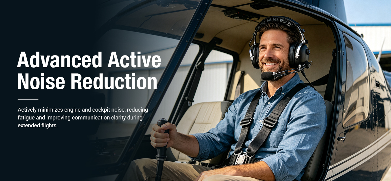 Helicopter rescue pilot using an ANR helicopter headphone to reduce rotor noise during rescue missions