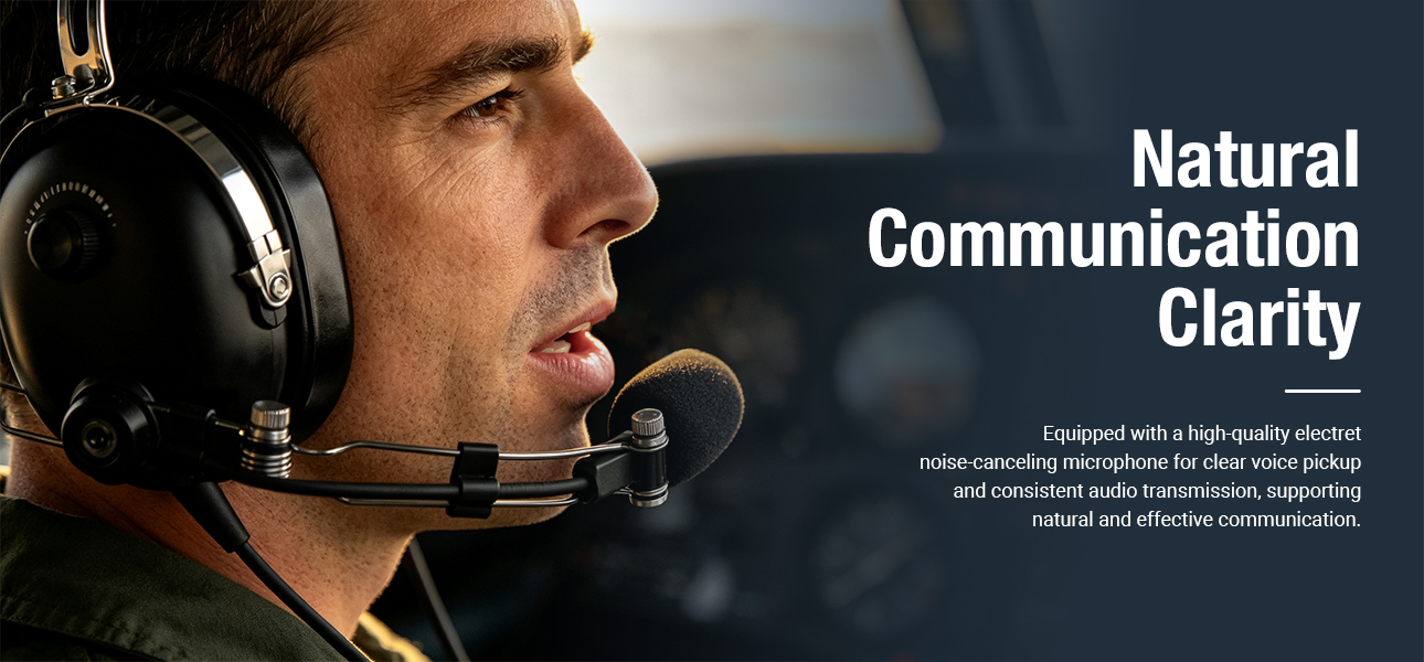 Helicopter transport pilot using Pilot Headphones with adjustable boom mic for stable clear voice pickup