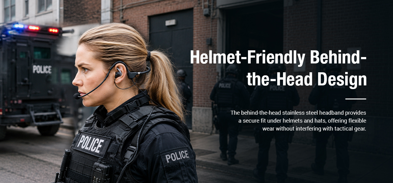 Helmet-compatible behind-the-head tactical earpiece for secure fit during outdoor field operations