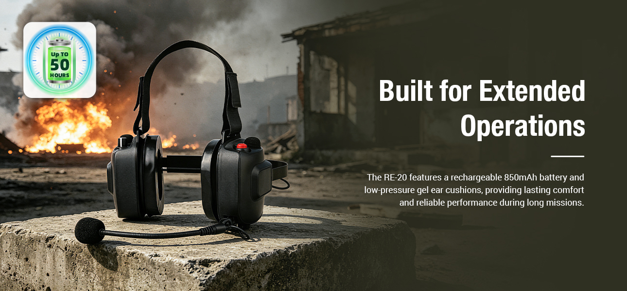 Hunting Headsets with 50-hour battery life and gel ear cushions for long outdoor use.