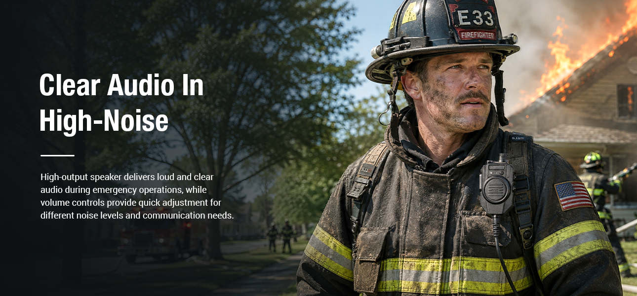 IP67 rated two way radio speaker mic delivering loud, clear communication in high-noise firefighting and rescue operations
