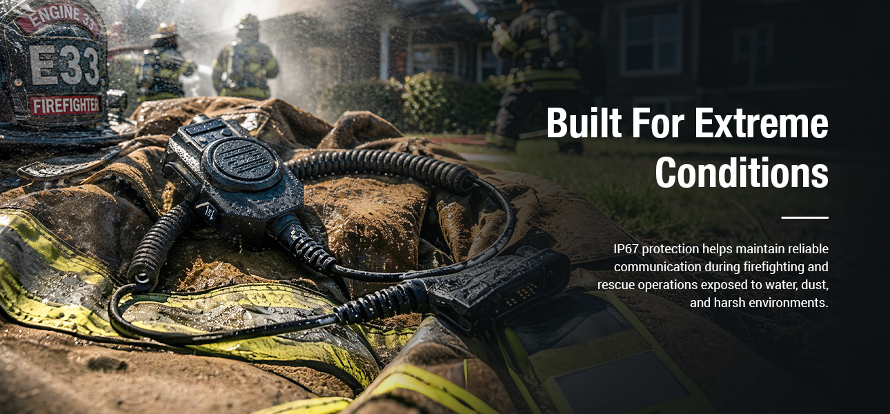 IP67 rated two way radio speaker mic providing reliable communication in wet, dusty, and extreme emergency environments