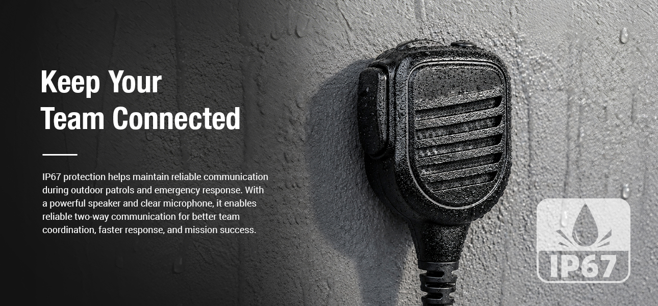 IP67-rated waterproof radio speaker delivering reliable communication during patrols, emergency response, and tactical operations