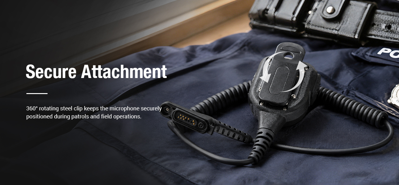IP67-rated waterproof radio speaker with a 360 degree rotating steel clip for secure attachment during patrols and field operations