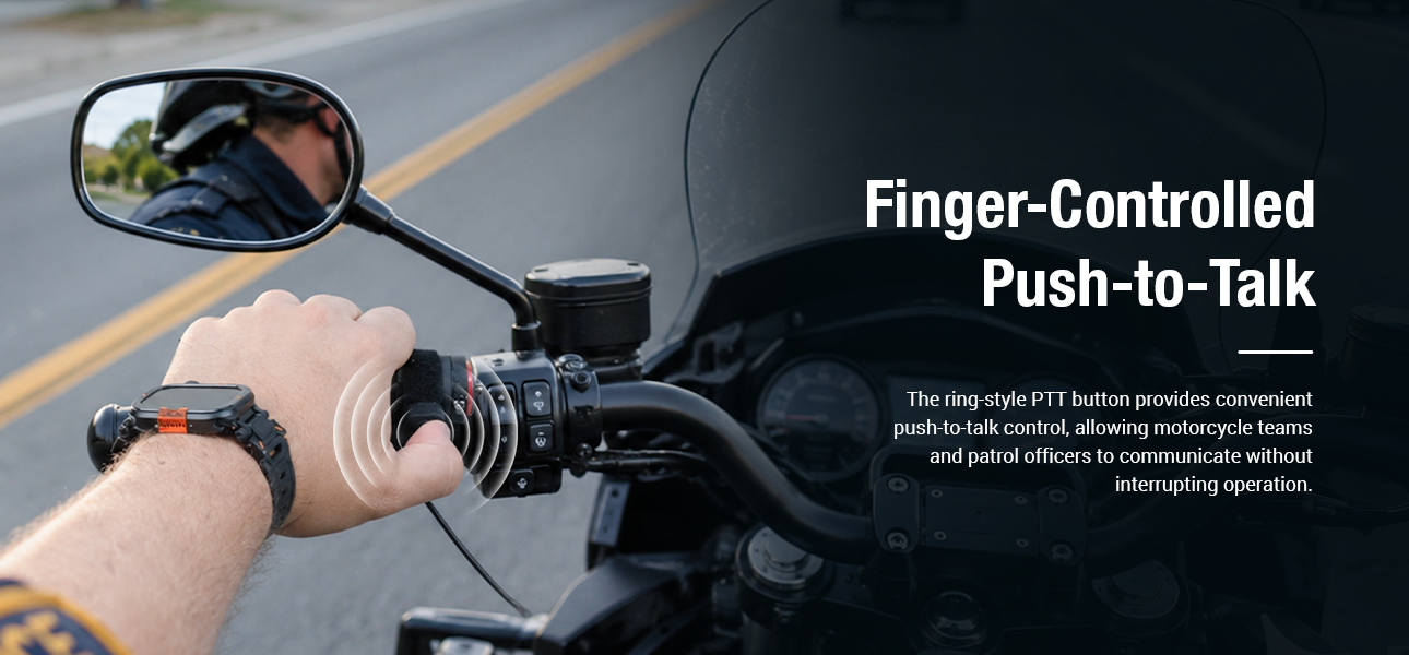 In-Helmet Headset with ring PTT button for quick push-to-talk control during riding and patrol.
