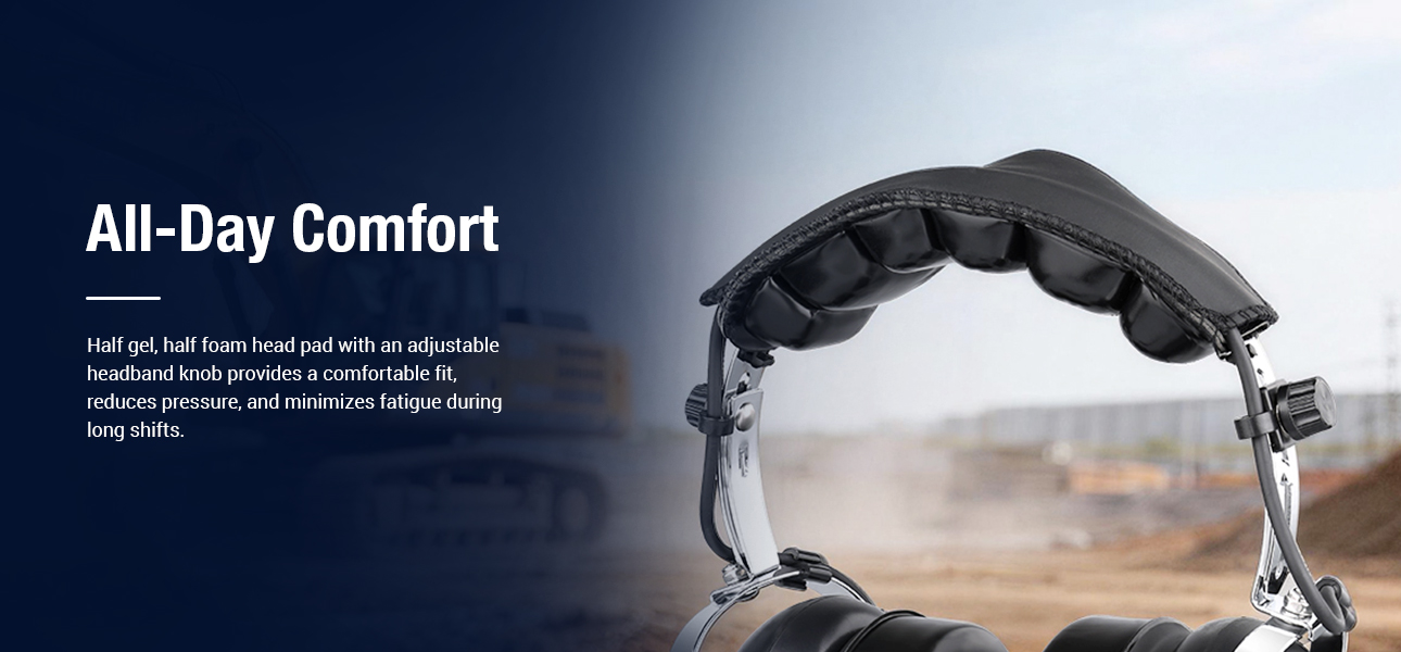 Industrial headset with cushioned head pad for utility teams during long work shifts