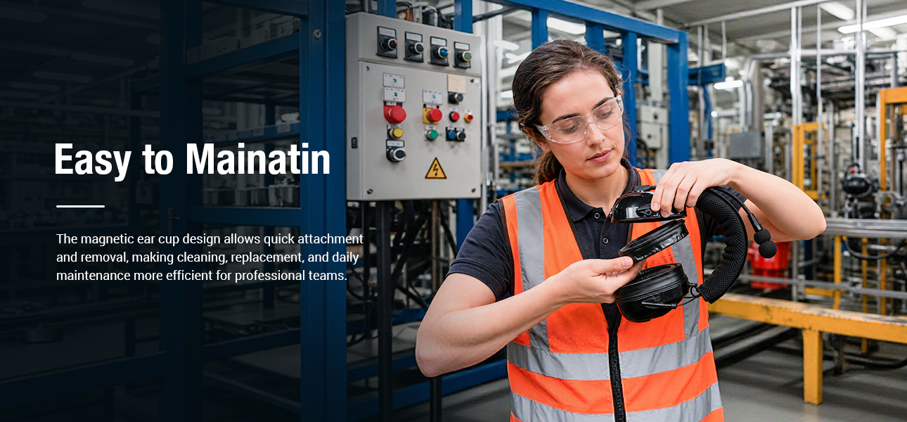 Industrial headset with magnetic ear cups for easy maintenance and reduced replacement costs