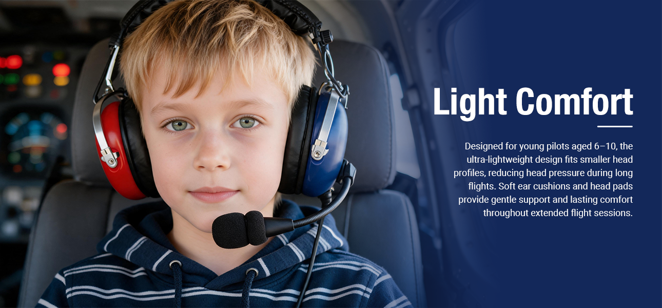Lightweight aviation headset for young pilots with soft cushions for flight comfort