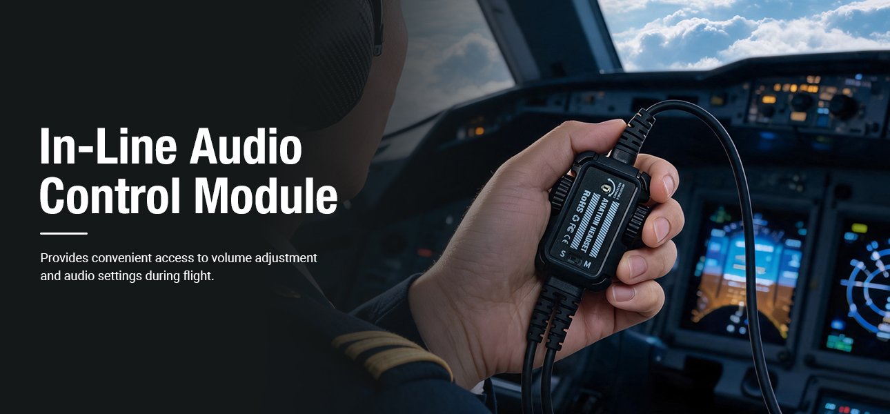 Lightweight aviation headset with an in-line audio control module for easy in-flight audio adjustment and 3.5mm device connection
