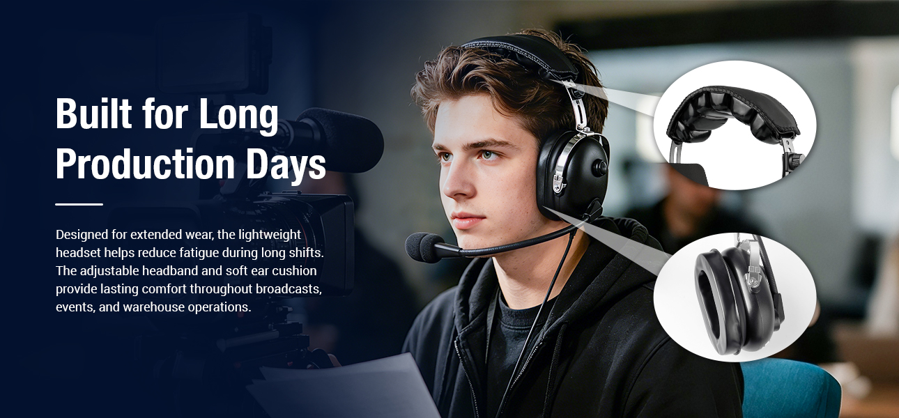 Lightweight production headset for film crews during extended day and night shoots