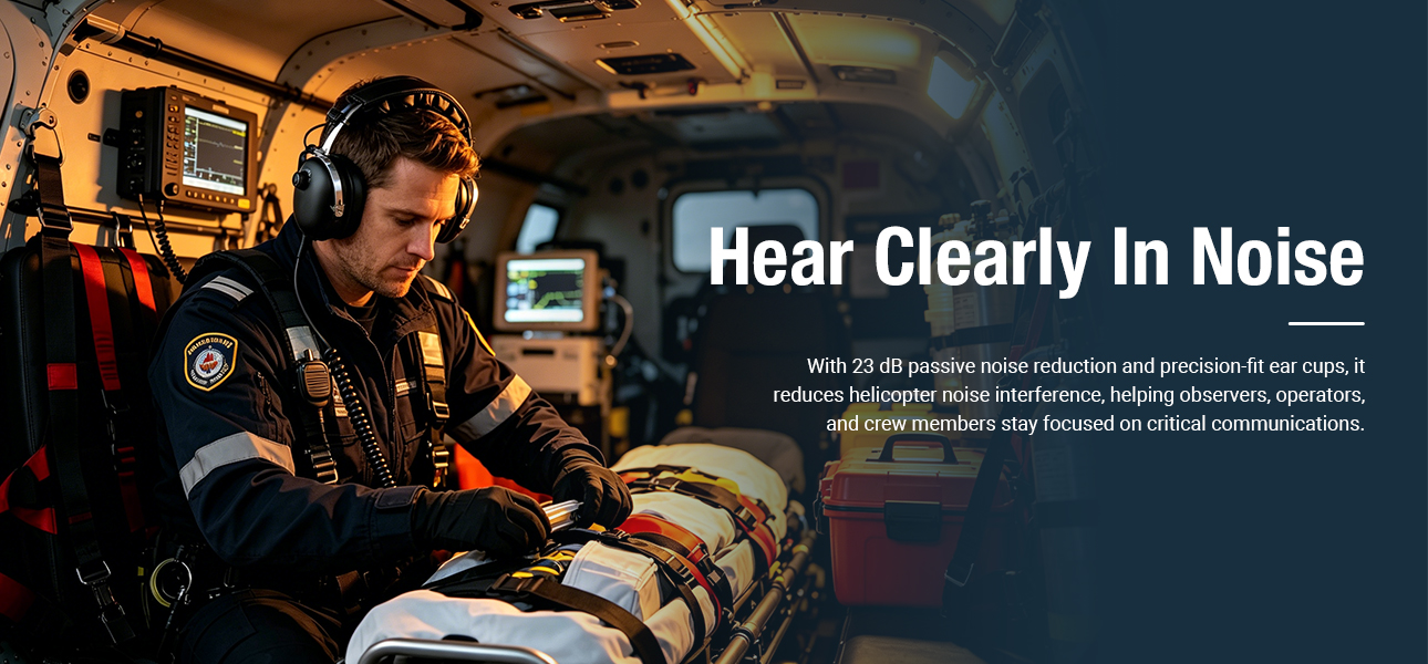 Listen-only helicopter headset with 23 dB passive noise reduction helping crew hear clear cockpit audio in high-noise flight environments