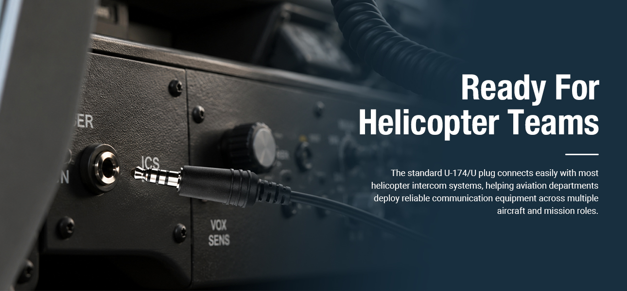 Listen-only helicopter headset with U-174U plug for reliable compatibility with most helicopter intercom systems and fleet operations