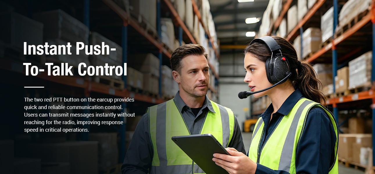ogistics and warehouse teams using noise-canceling radio headsets with PTT buttons for instant radio calls
