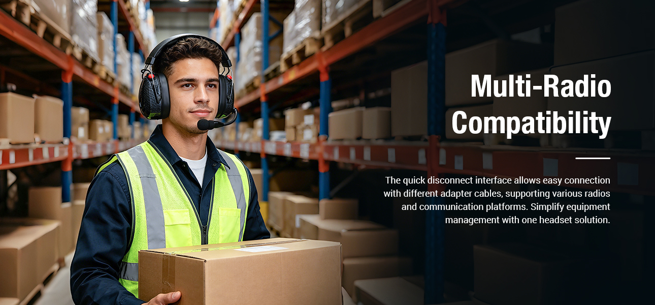 Logistics headset with QD cable connection for compatibility with various two-way radios