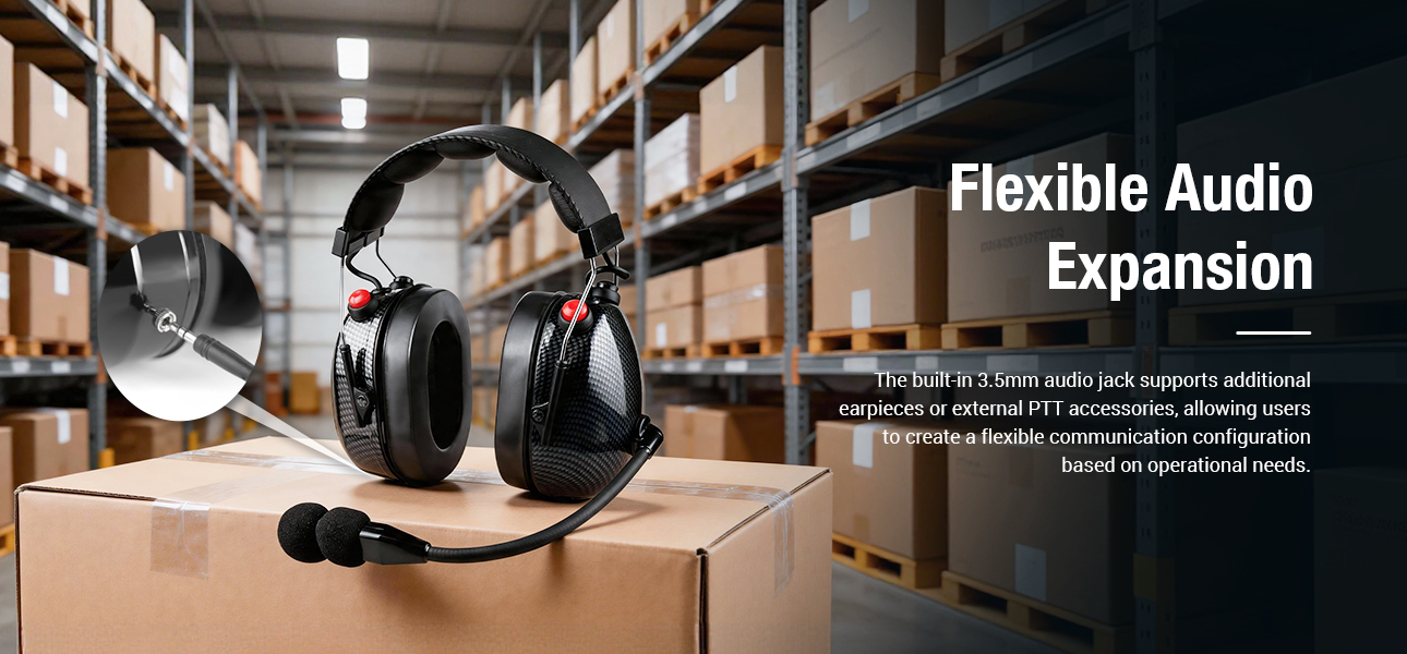 Logistics headset with optional 3.5mm audio jack for quick access to inventory and task information