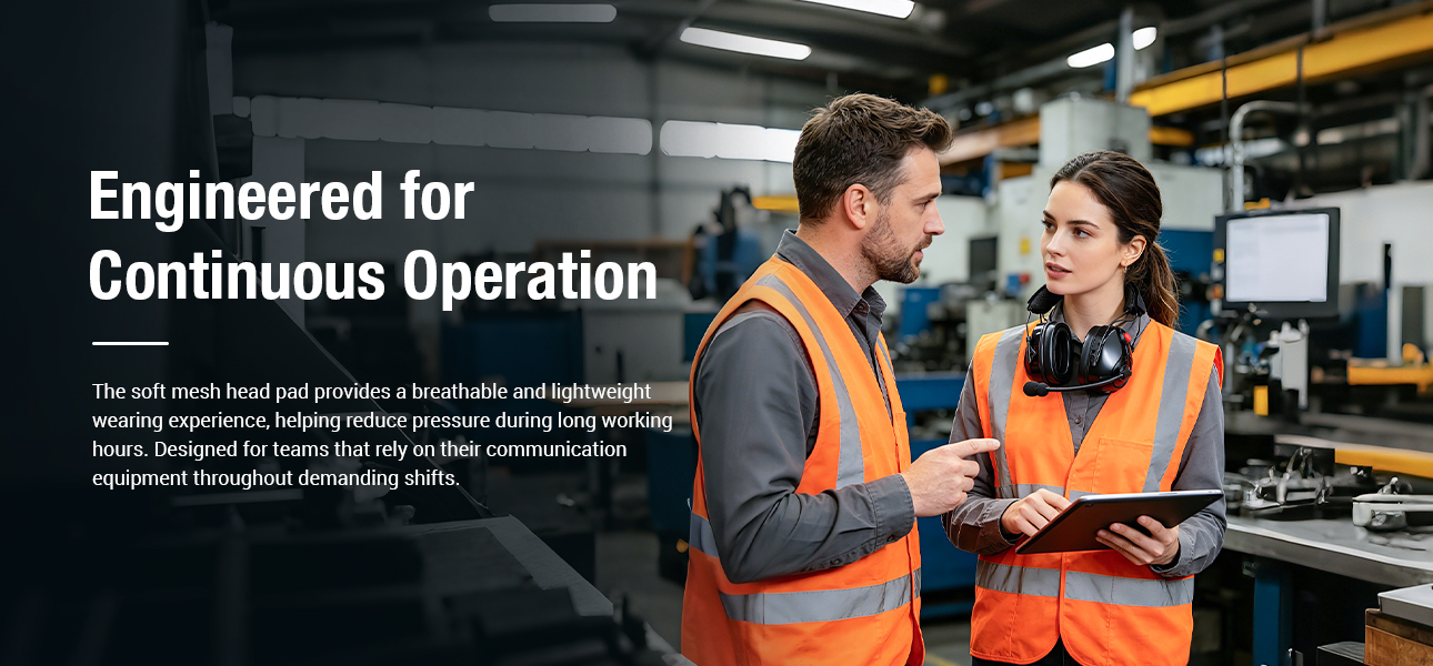 Manufacturing headset with lightweight mesh head pad for engineers working extended hours