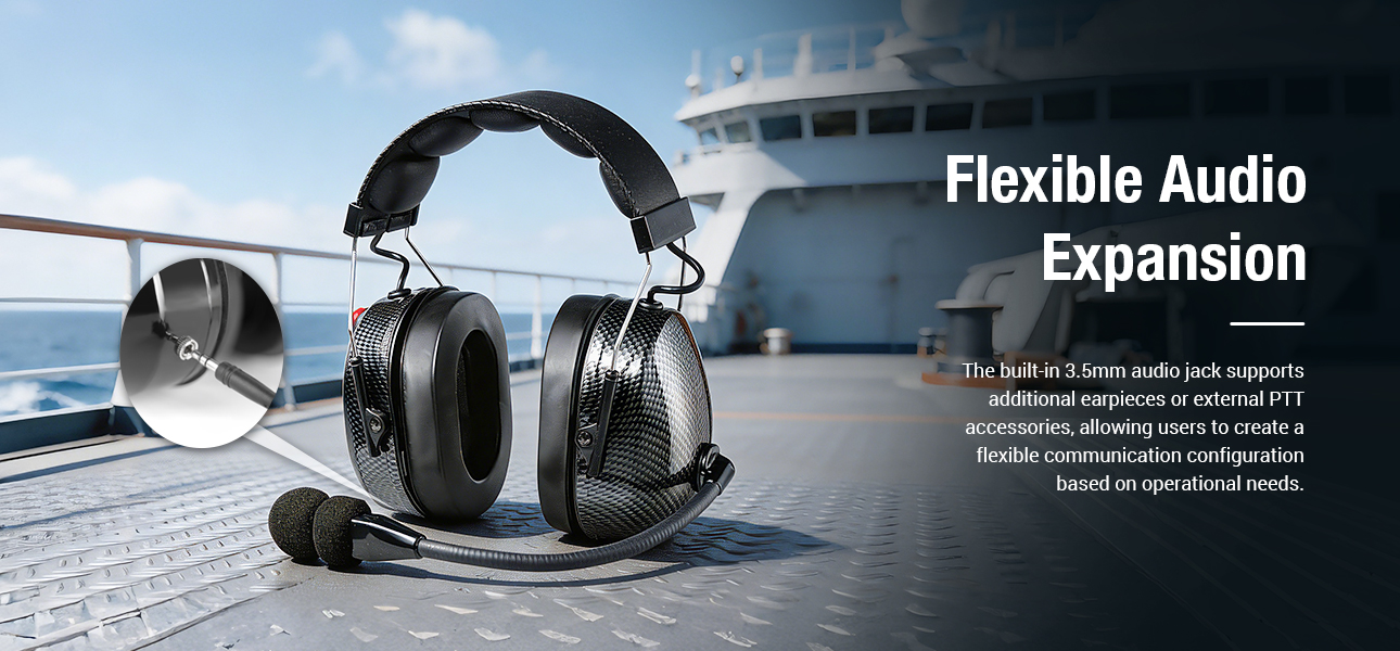 Marine radio headset with 3.5mm audio jack for flexible accessory integration