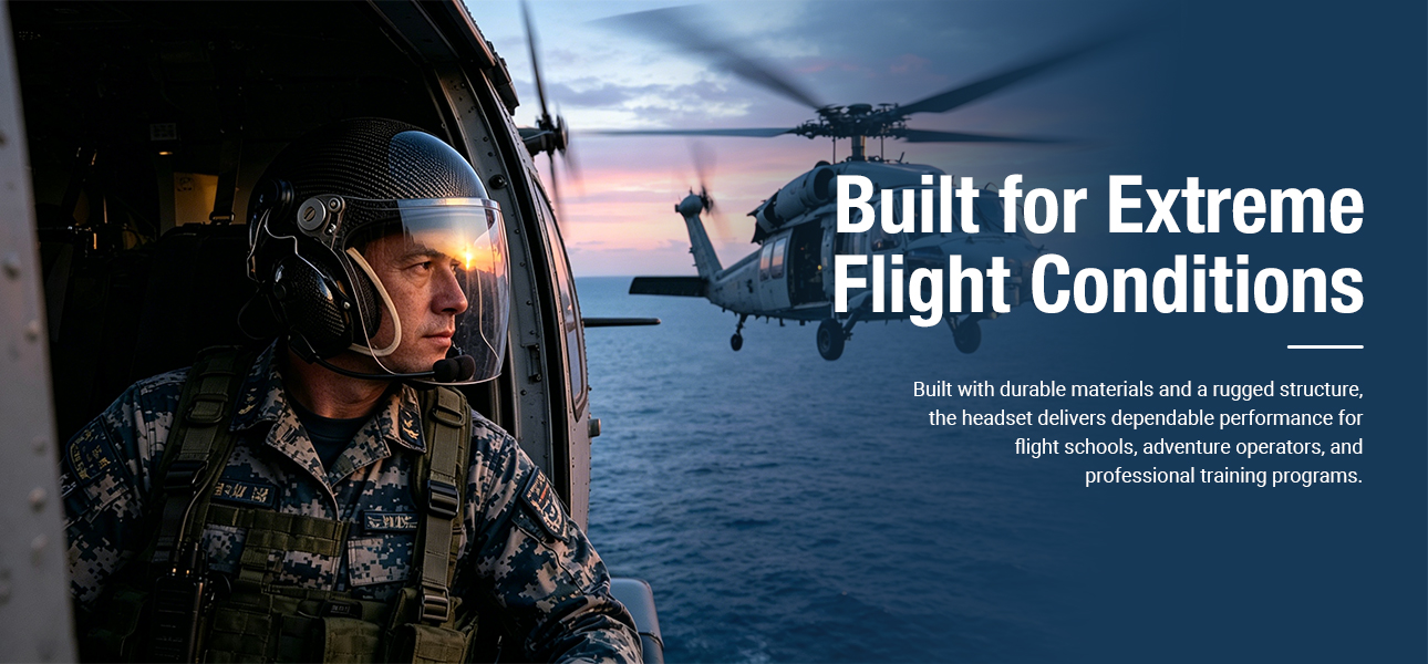 Military helicopter crew wearing noise reduction helmet headsets while flying over the sea