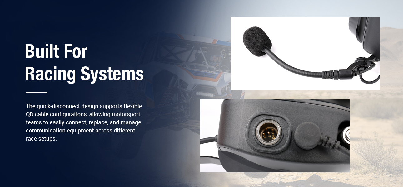 Motorsport headset with quick-disconnect cable for flexible racing communication setups