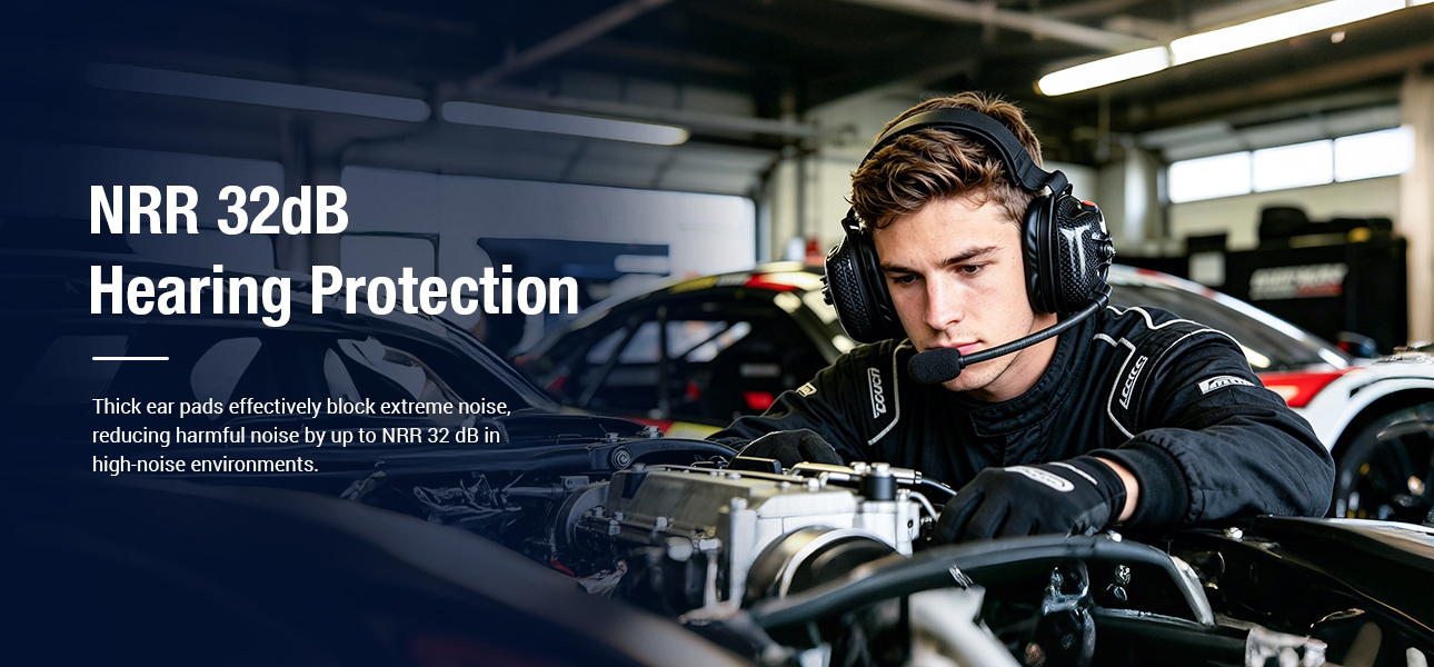 Motorsport pit crews using an NRR 32 dB hearing protection headset in high-noise pit environments