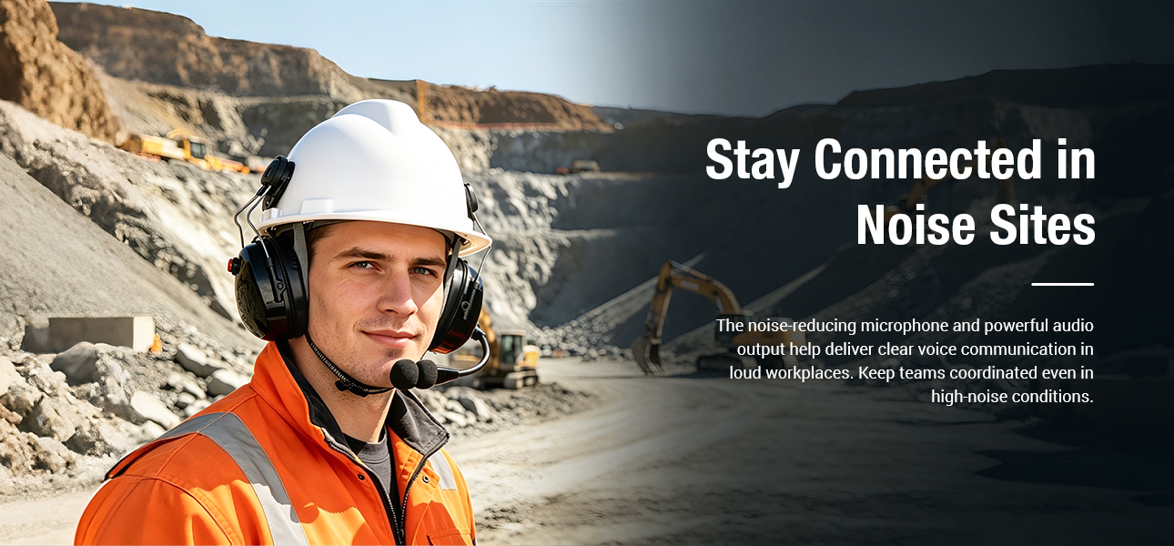 Noise-canceling helmet headset for construction crews working around excavators and heavy equipment