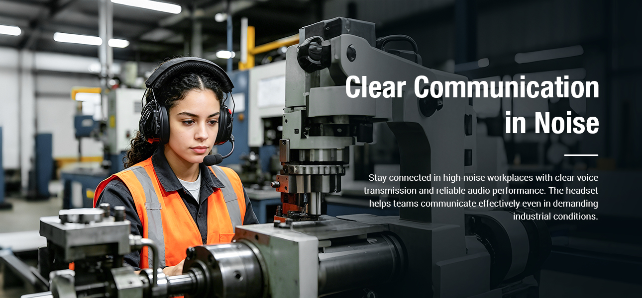 Noise-reducing industrial headset protecting hearing and keeping factory teams connected around heavy machinery