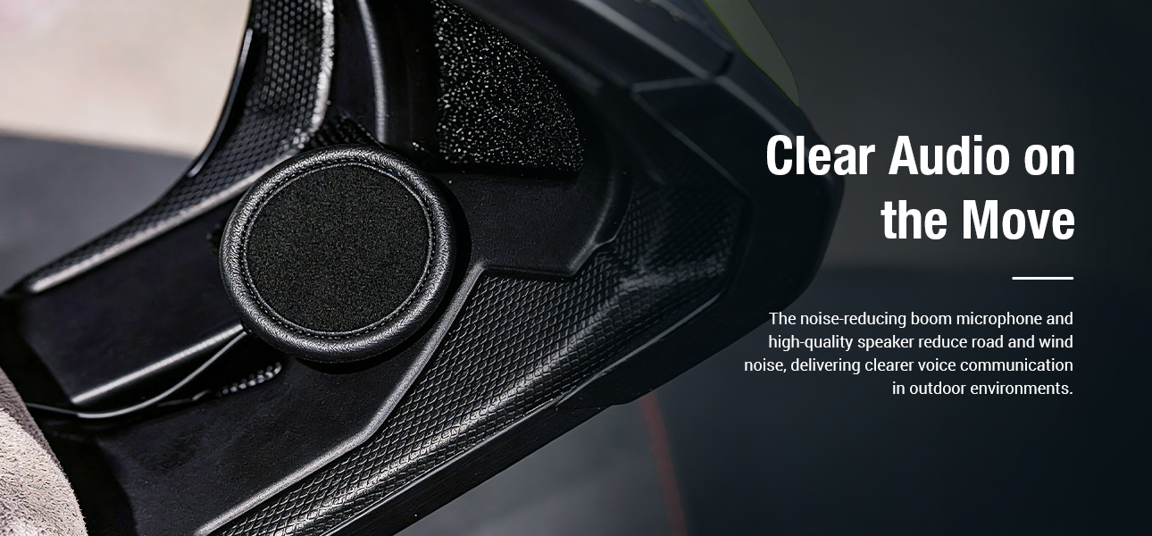 Open-face helmet headset with noise-reduction boom microphone for clear audio on the move.