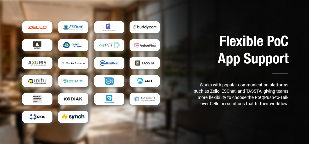 PTToC handheld mic supporting Zello, ESChat, and TASSTA popular PoC apps for flexible team operations