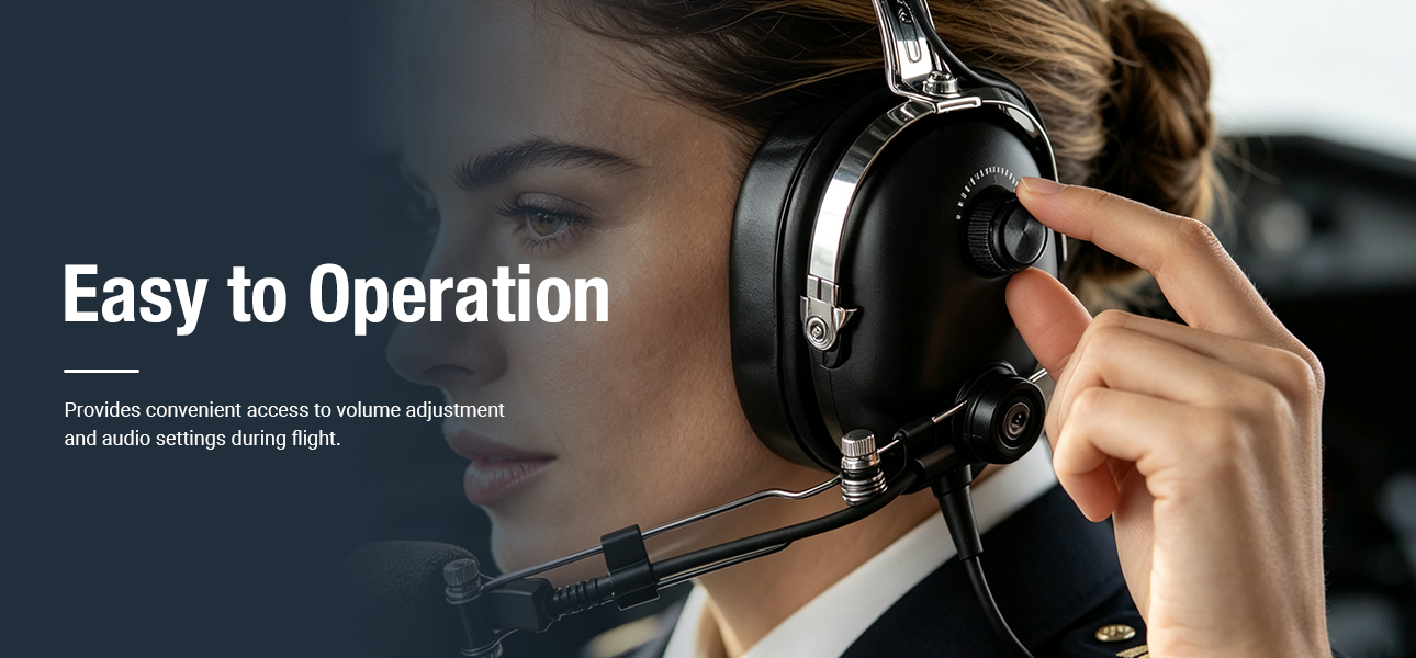 Pilot adjusting aviation headset volume for comfortable audio in changing flight conditions