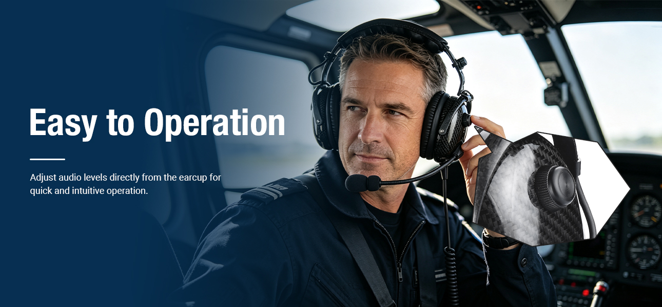 Pilot adjusting the headset volume switch for easy operation and clear communication with ATC