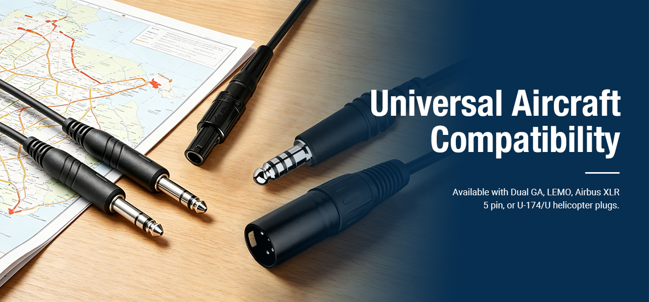 Pilot headset offering universal aircraft compatibility with GA, LEMO, Airbus, and helicopter plugs