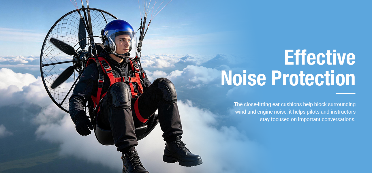 Pilot in high speed flight wearing a RayTalk passive noise reduction aviation helmet