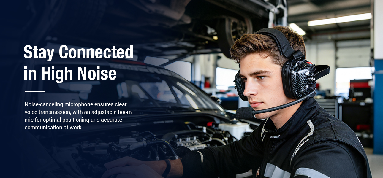 Pit crew communicating clearly through two-way radios with heavy duty headsets