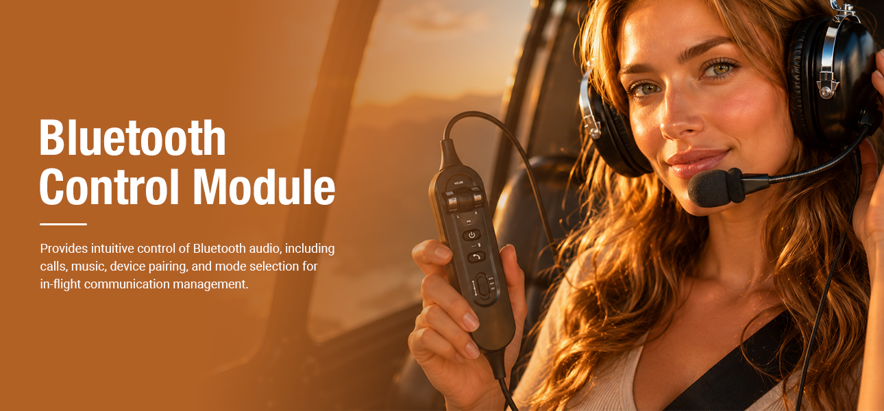 Plane headset with Bluetooth control module for convenient in-flight audio and volume adjustment
