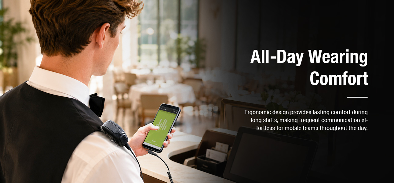 PoC handheld microphone designed for comfortable wear during long shifts and mobile operations