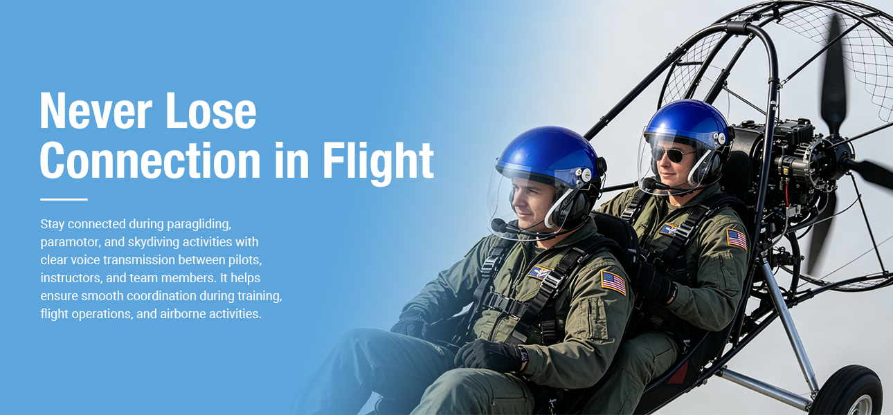Powered paraglider pilots in flight using PH-HM200Q PNR in-helmet headphones
