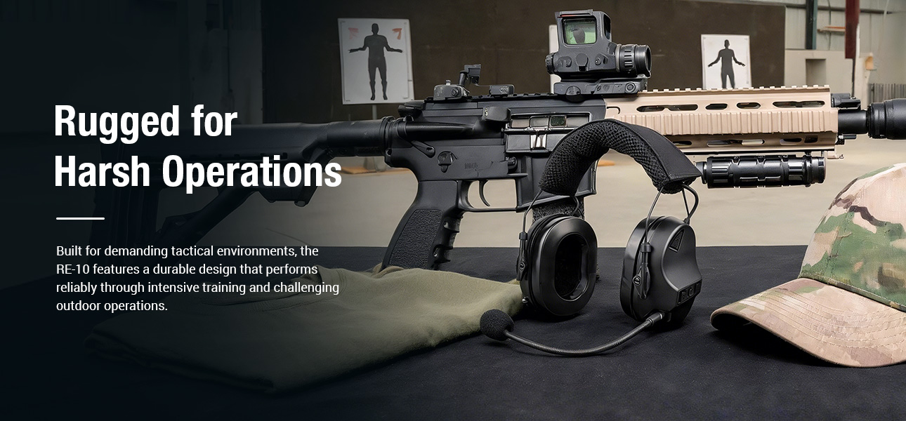 RE-10 Tactical Headset built for outdoor shooting, training, and rugged field environments.