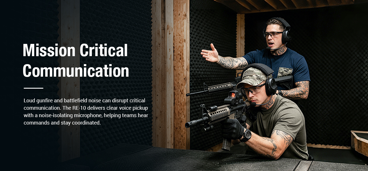 RE-10 Tactical Headset delivers clear communication, noise reduction, and hearing protection for shooting, hunting, and SWAT teams.