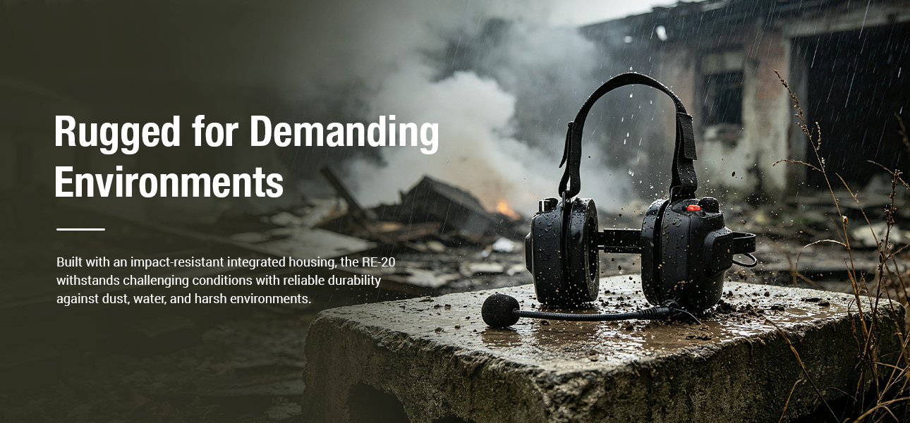 RE-20 Shooting Headset withstands dust, rain, heat, and harsh outdoor conditions with durable performance.