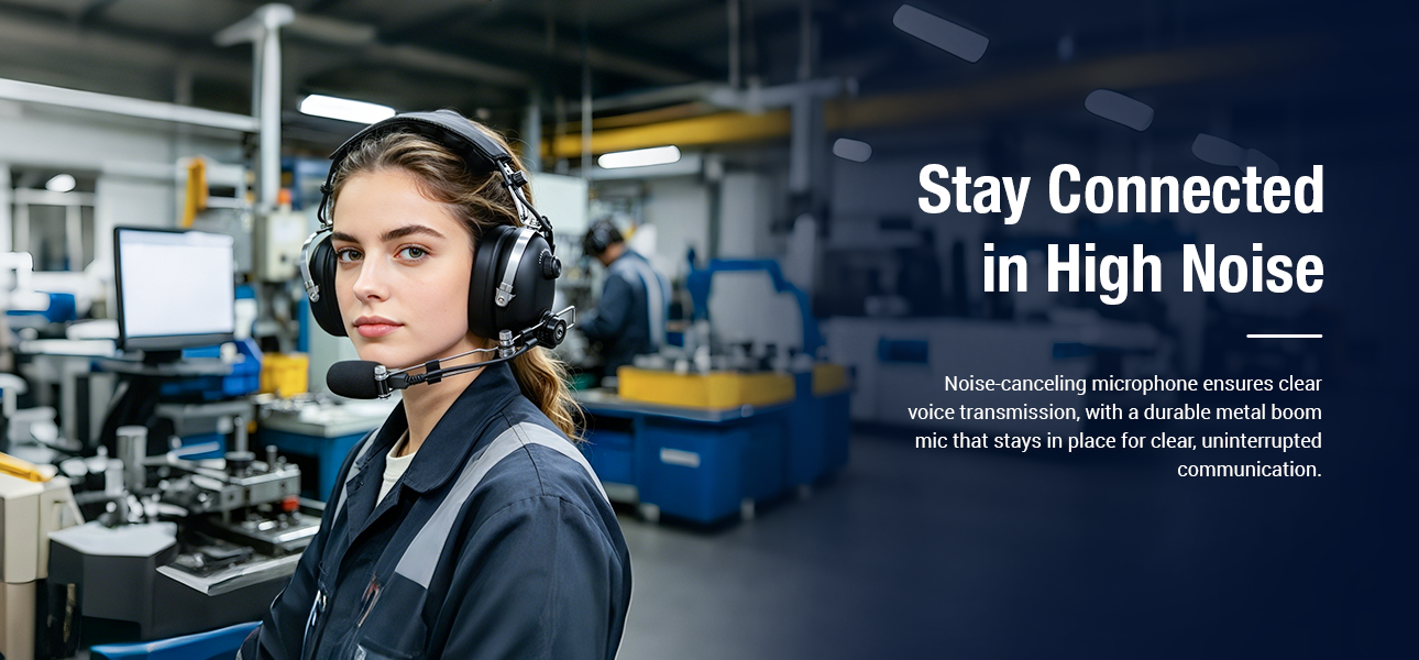 Racing headphone with a metal boom microphone for clear audio in high-noise environments