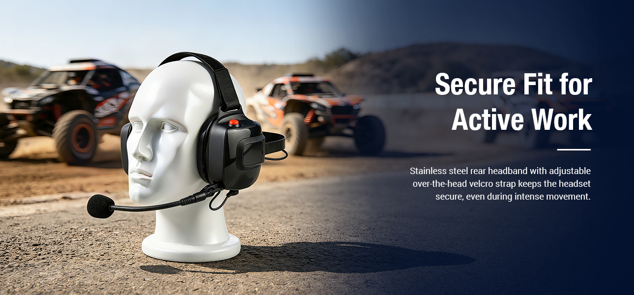 Racing radio headset staying secure during active work with a stable fit for racing teams