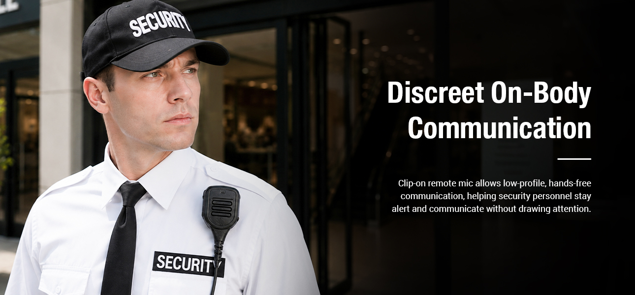 Remote speaker microphone with clip-on design for discreet, low-profile communication by security personnel