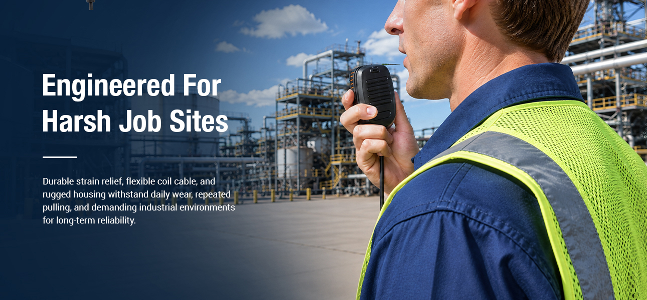 Rugged walkie talkie microphone with reinforced strain relief and coil cable for reliable performance in manufacturing, warehouses, and drilling sites
