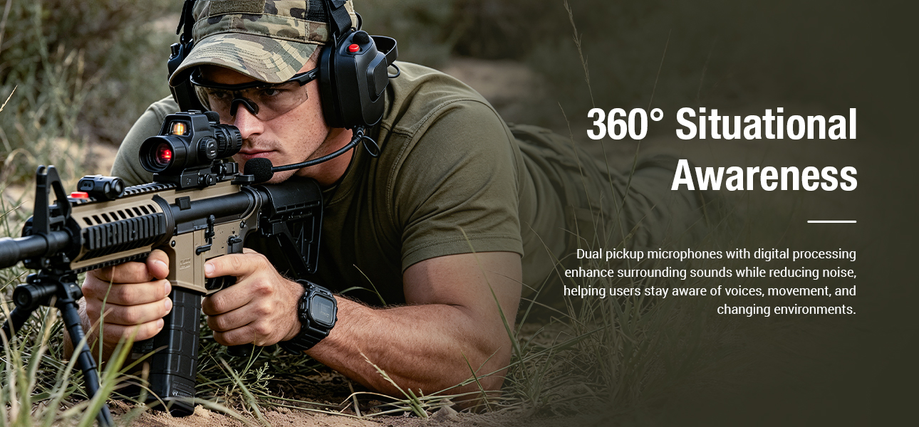 Shooting headset enhances situational awareness for outdoor shooting with dual microphones.