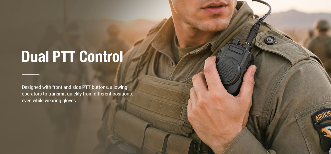 Shoulder mic with dual PTT buttons for rapid communication during outdoor missions in forests, deserts, and challenging terrain