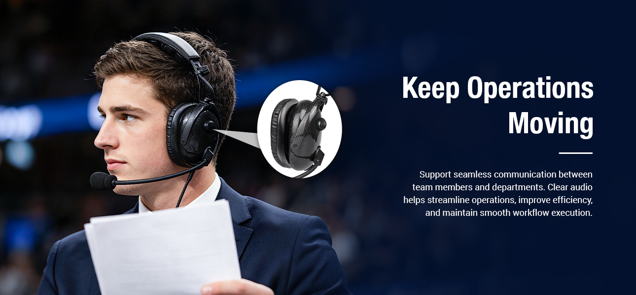 Single-ear headset supporting clear team coordination for TV studios, live events, and sports broadcasts