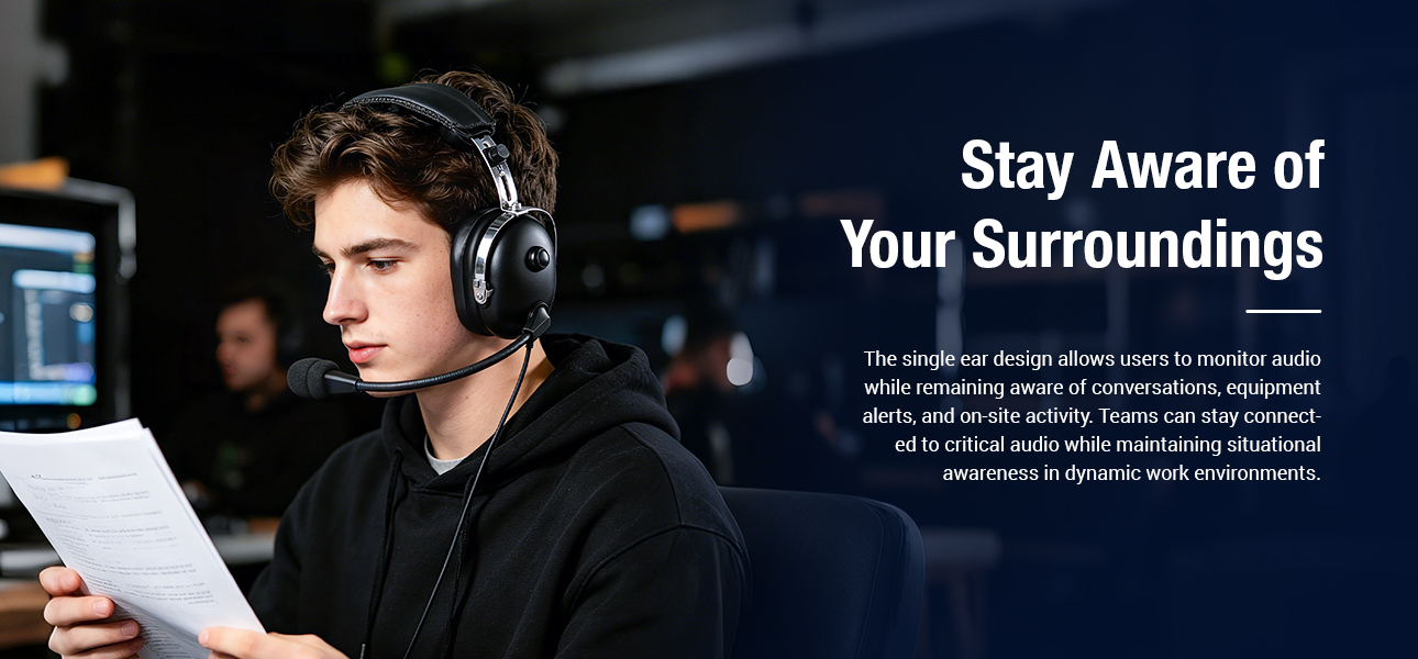 Single-ear monitoring headset for production teams to hear audio while staying aware on site