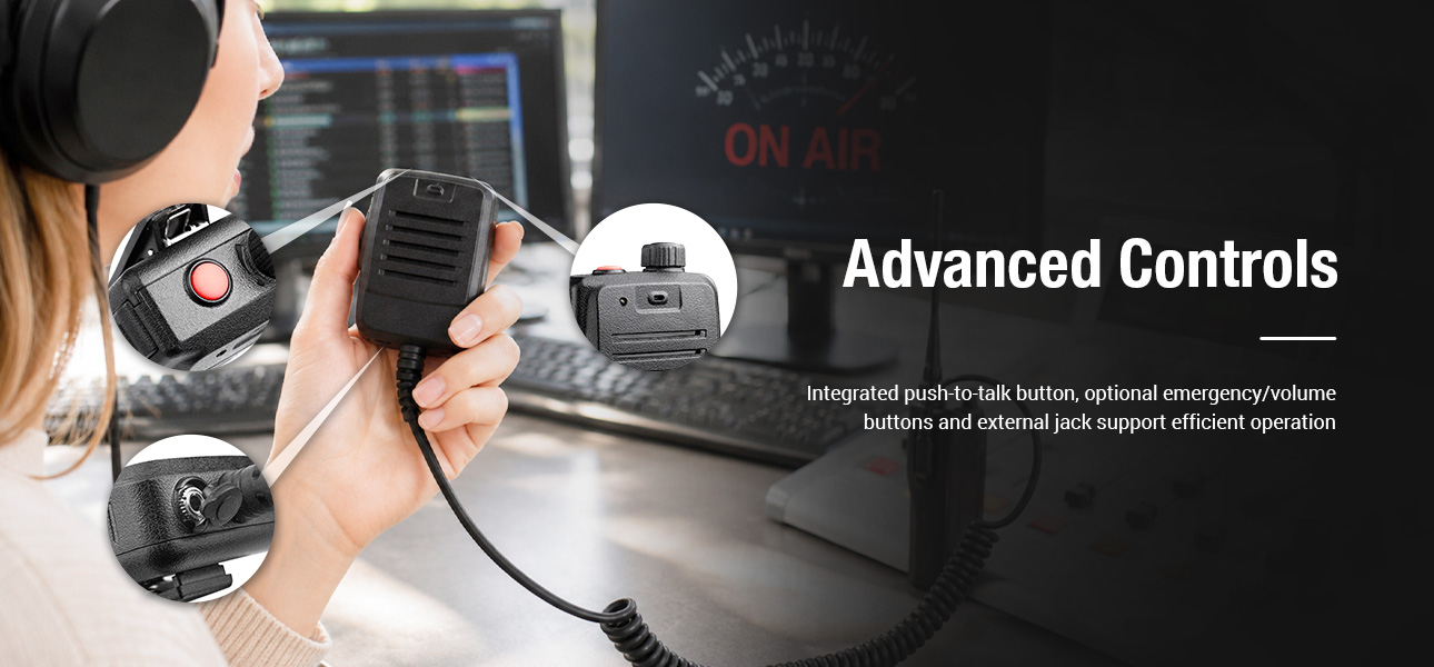 Speaker mics with integrated push-to-talk, emergency button, volume control, and external jack support