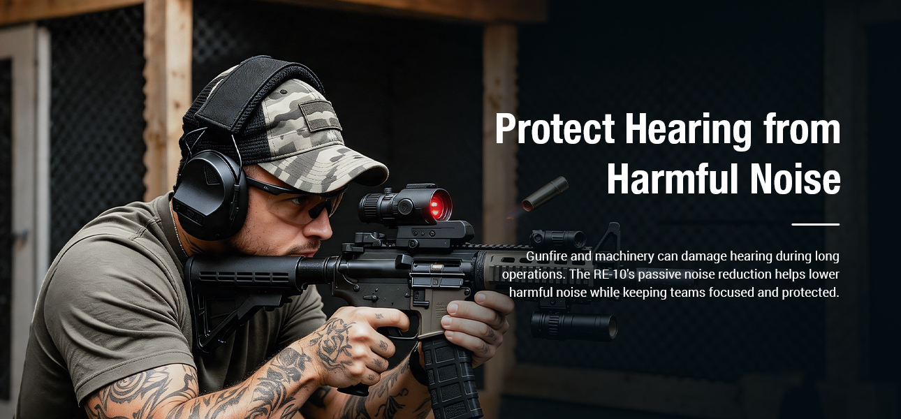 Tactical Headset reduces harmful noise from gunfire and loud sounds for hearing protection.